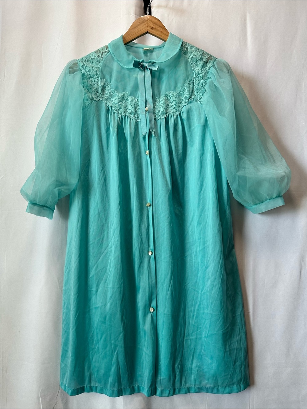 Vintage 1960’s Texsheen Lingerie Peignoir Chiffon Lace 2 Pc Set Teal 34 Babydoll